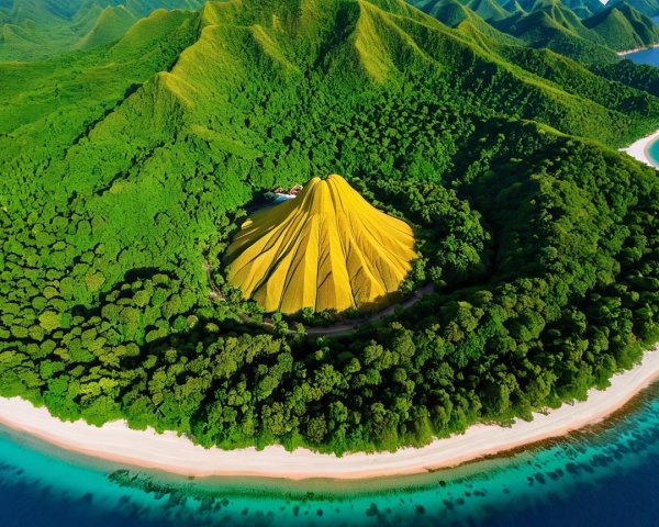 Aerial View of Cone-Shaped Mountain and Beach景