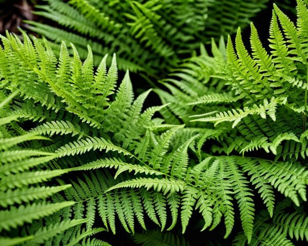 Close-up of vibrant green fern fronds with details