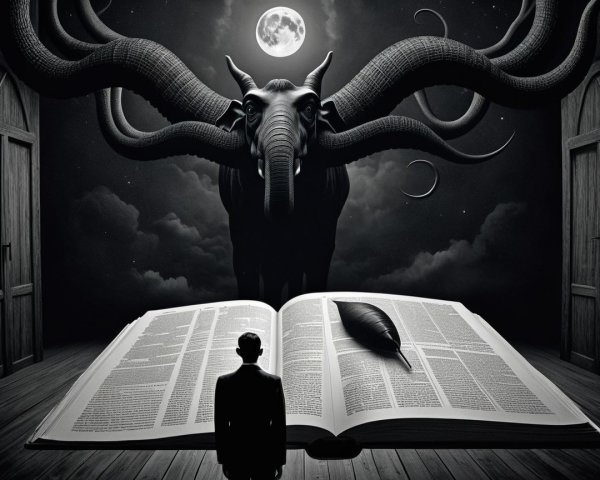 Surreal Scene with Figure, Elephant, and Open Book