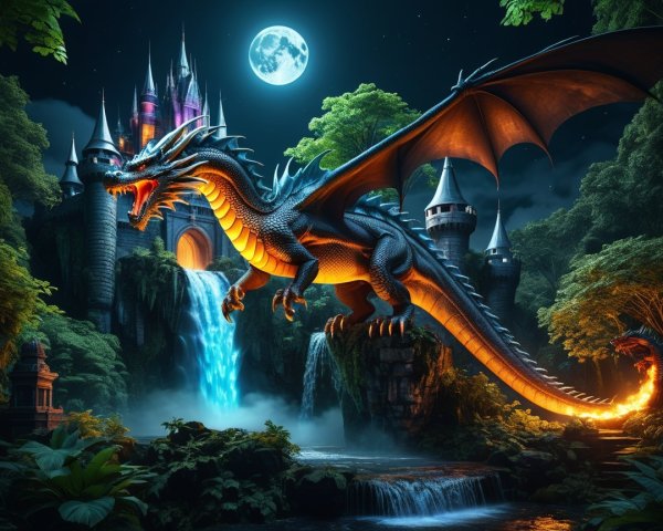 Majestic dragon over a mystical landscape with castle