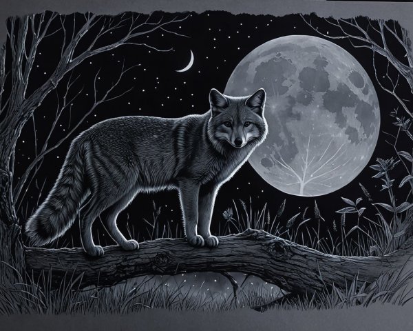 Black and white illustration of a fox in a forest