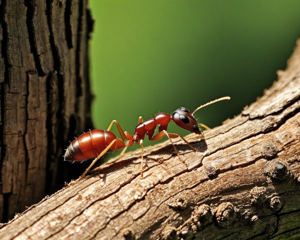 Close-Up of an Ant on a Wooden Branch