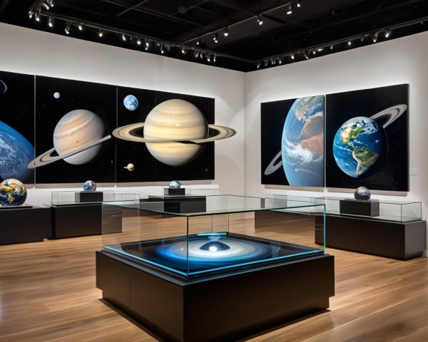 Modern Art Gallery Showcasing Planetary Paintings and Models