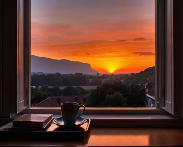 Sunset View from Window with Book and Mug on Sill