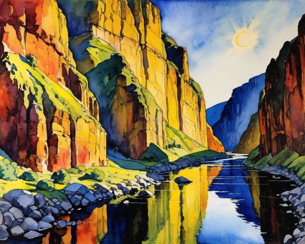 Watercolor of a River Winding Through a Canyon