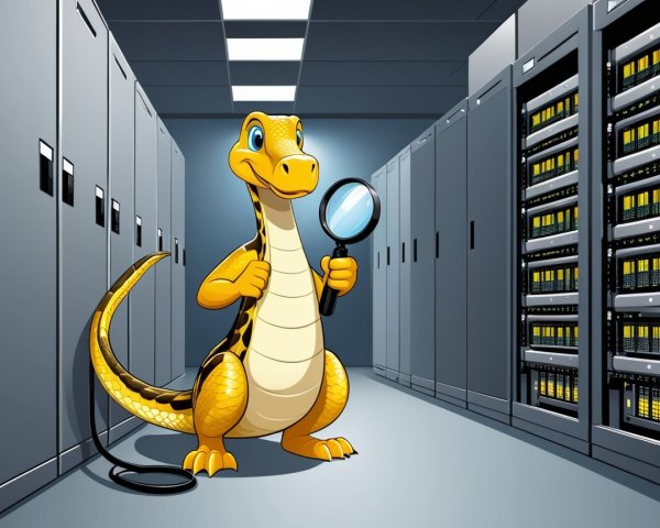 Cartoon Dragon in High-Tech Server Room Setting