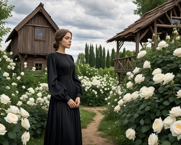 Young Woman in Black Gown in Blooming Rose Garden