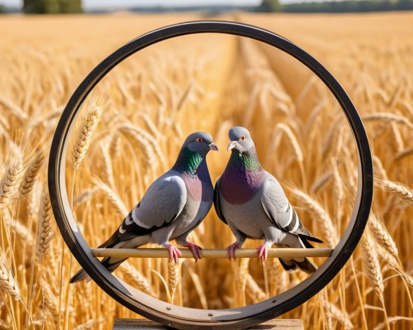 Pigeons on Perch with Wheat Field and Blue Sky