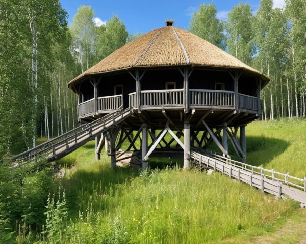 Circular Wooden Structure with Thatched Roof on Stilts