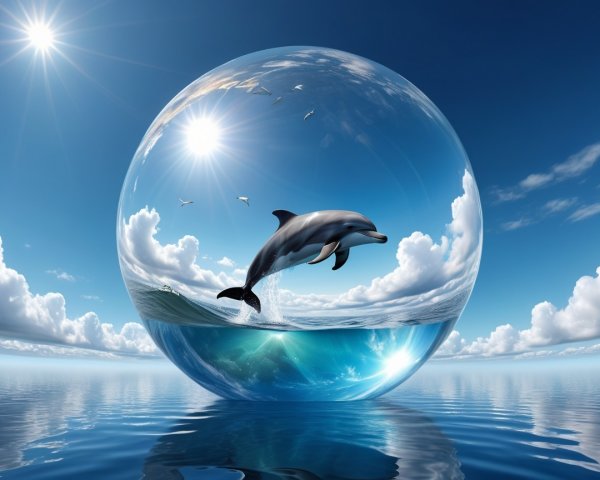 Dolphin Leaping Through Bubble in Serene Ocean Scene