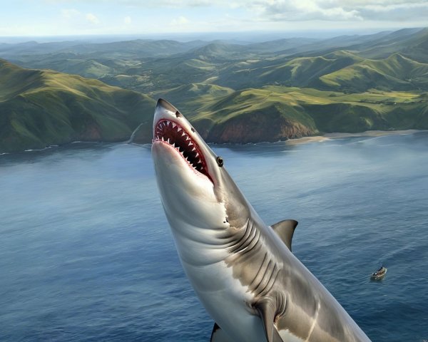 Great white shark leaping from blue ocean with landscape