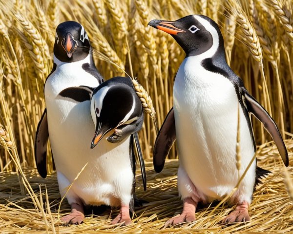 Penguins in Golden Wheat Field Under Sunny Skies