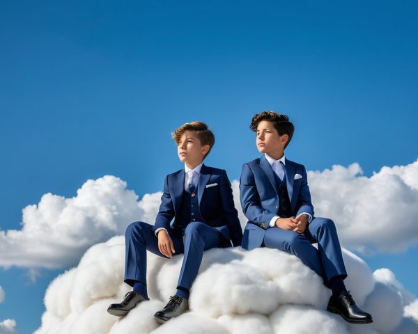 Boys in Navy Suits on Cloud in Blue Sky Setting