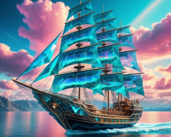 Majestic ship with blue sails on a sunset sea