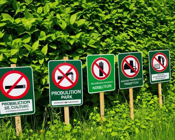 Five Green Prohibition Signs on Wooden Posts in Nature