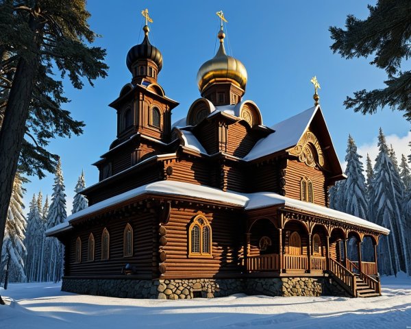 Wooden church in snowy landscape with evergreen trees