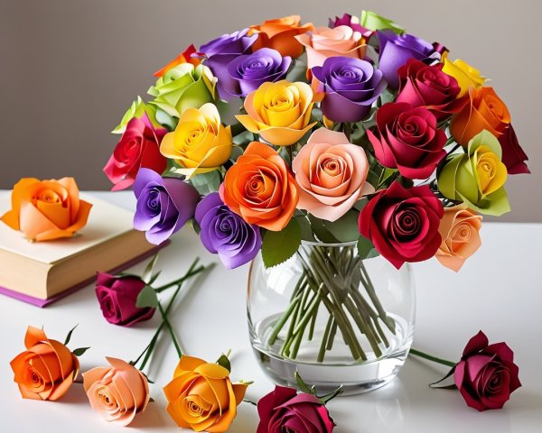 Close-up of Colorful Paper Roses in a Glass Vase