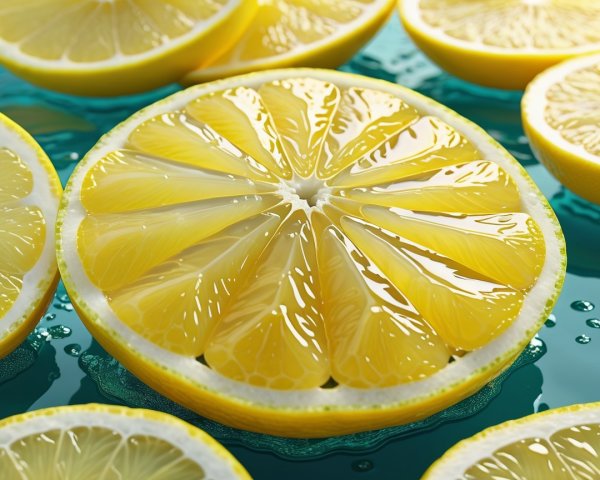 Close-up of Fresh Lemon Halves on Blue Water Surface