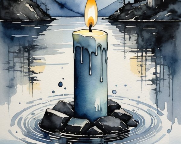 Watercolor Scene of Candle on Stones by Calm Lake