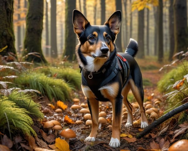 Medium-sized tri-color dog on woodland path with mushrooms