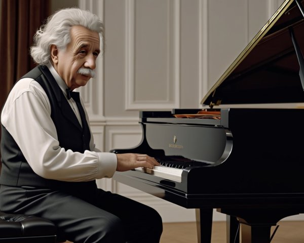 Elderly Man Playing Piano with Sheet Music Nearby