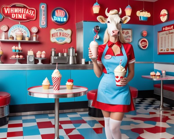 Whimsical Diner Scene with Cow-Dressed Woman