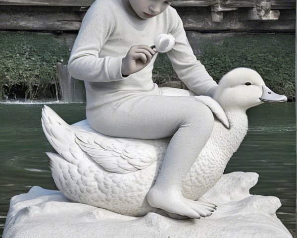Child on Carved Stone Duck in Tranquil Pond Scene