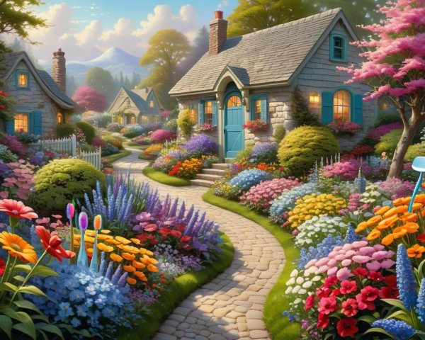 Charming Cottages Amidst Vibrant Flower Gardens