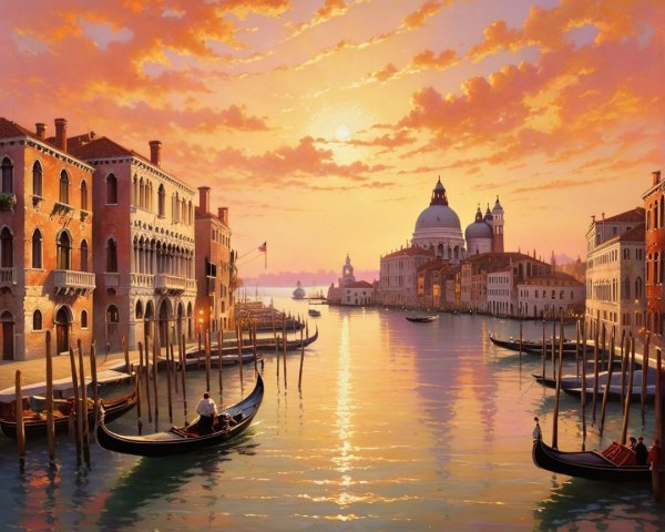 Serene Sunset Over Venetian Canal with Gondolas
