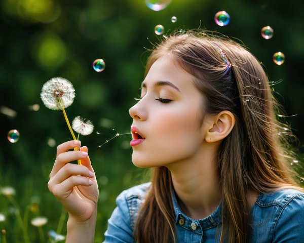 Young girl blowing dandelion seeds in a sunny setting