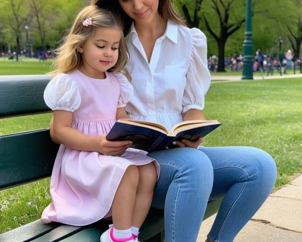 Woman and girl reading together on a park bench
