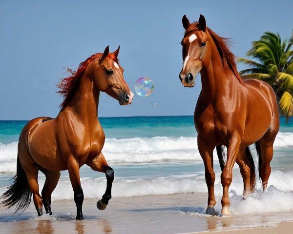 Brown Horses on Sunny Beach with Ocean Background