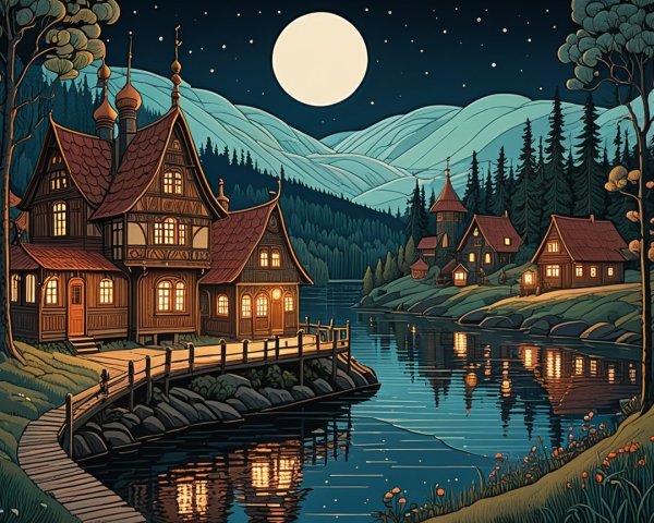 Tranquil Village Scene by a Shimmering Lake at Night