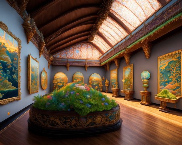 Lavish Art Gallery with Ornate Decor and Vibrant Paintings