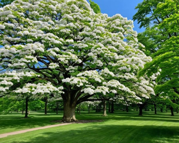 Majestic tree with white blossoms in a green park