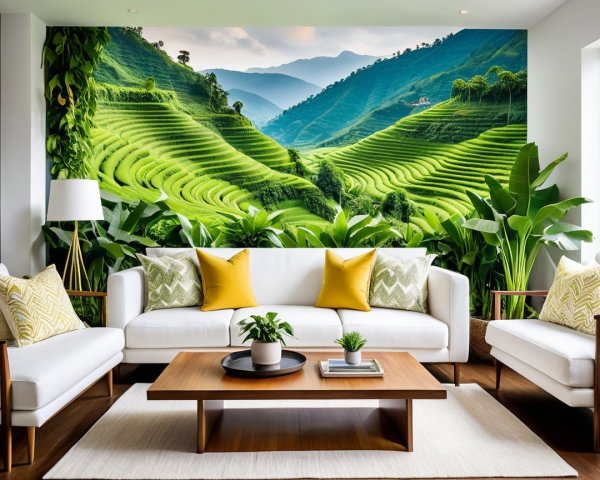 Modern Living Room with Lush Mural and Houseplants