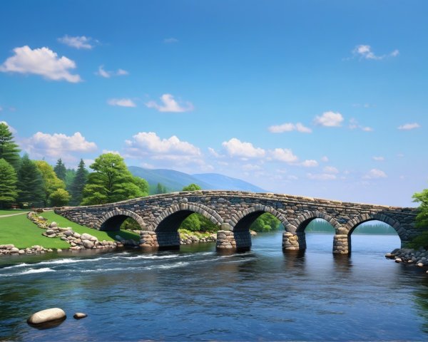 Stone Arch Bridge Over Flowing River with Mountains
