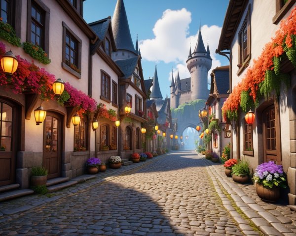 Charming Village with Cobblestone Street and Castle