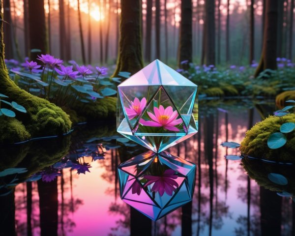 Tranquil Forest Scene with Glass Crystal and Water Lilies