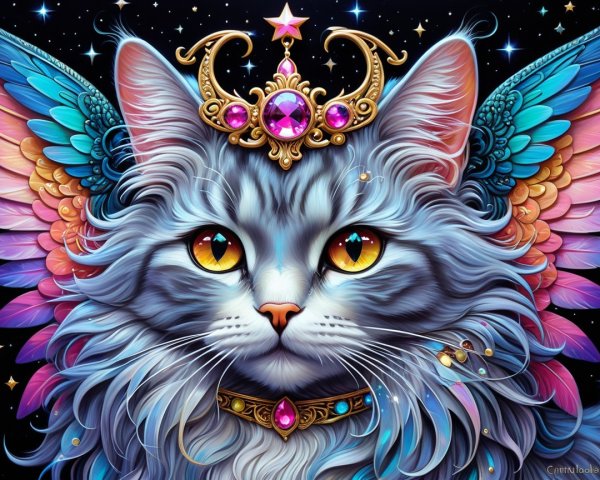 Mystical Cat with Golden Crown and Feathered Wings