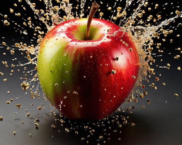 Red and Green Apple with Water Splash on Dark Background