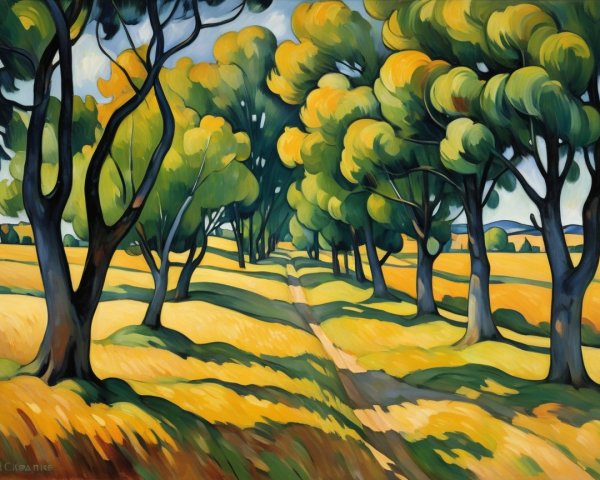 Vibrant Expressionist Painting of Tree-Lined Lane