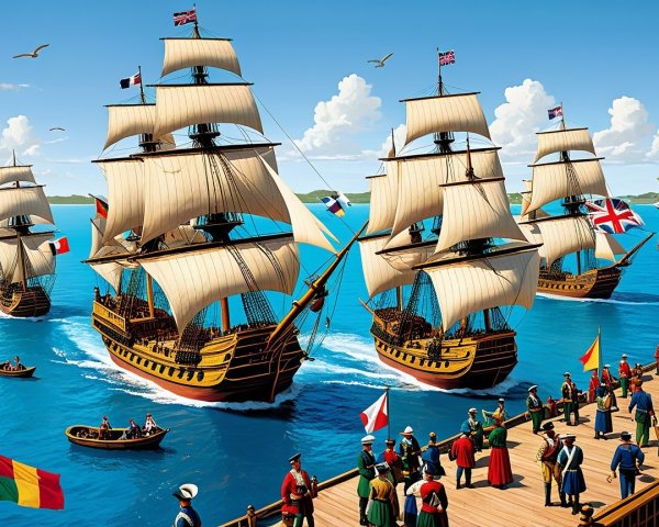Tall Ships Sailing on a Serene Blue Sea Scene