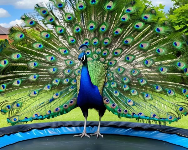 Peacock Displaying Iridescent Feathers on Trampoline