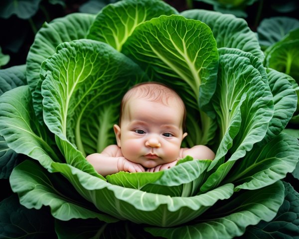 Baby Nestled in a Lush Green Cabbage Scene