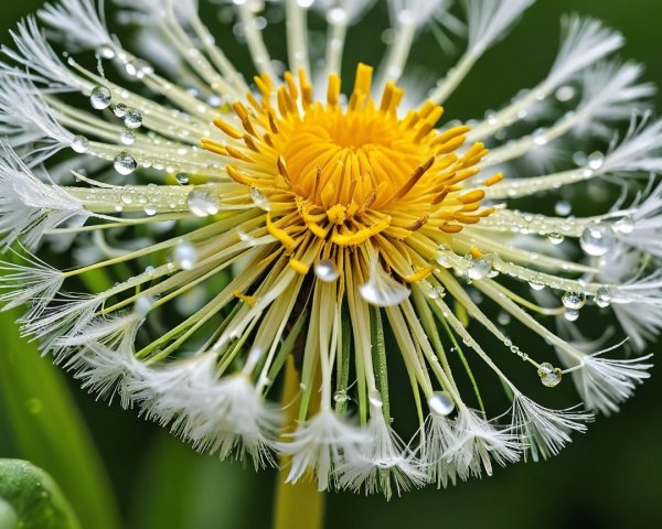 Close-up of a vibrant dandelion flower with dew
