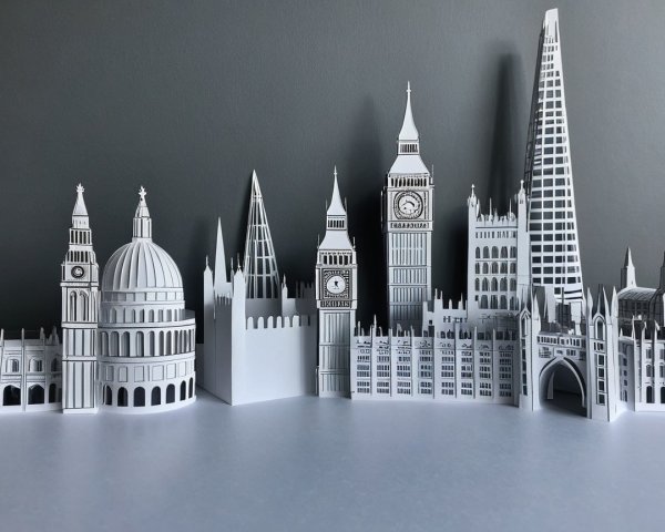 White Paper Model of London Skyline with Landmarks