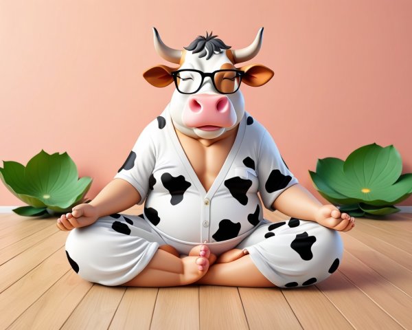 Cartoon Cow Meditating in Pajamas Surrounded by Leaves