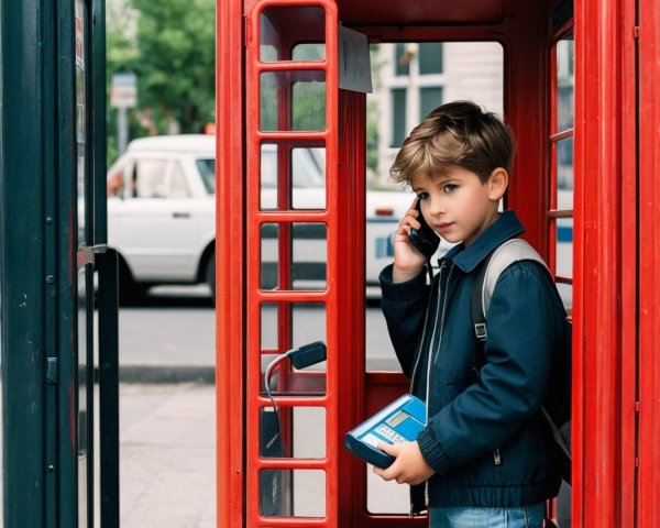 Young boy in classic red telephone booth scene