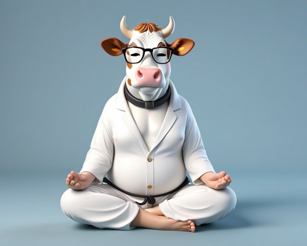 Cartoon Cow in Lab Coat Meditating with Calm Expression